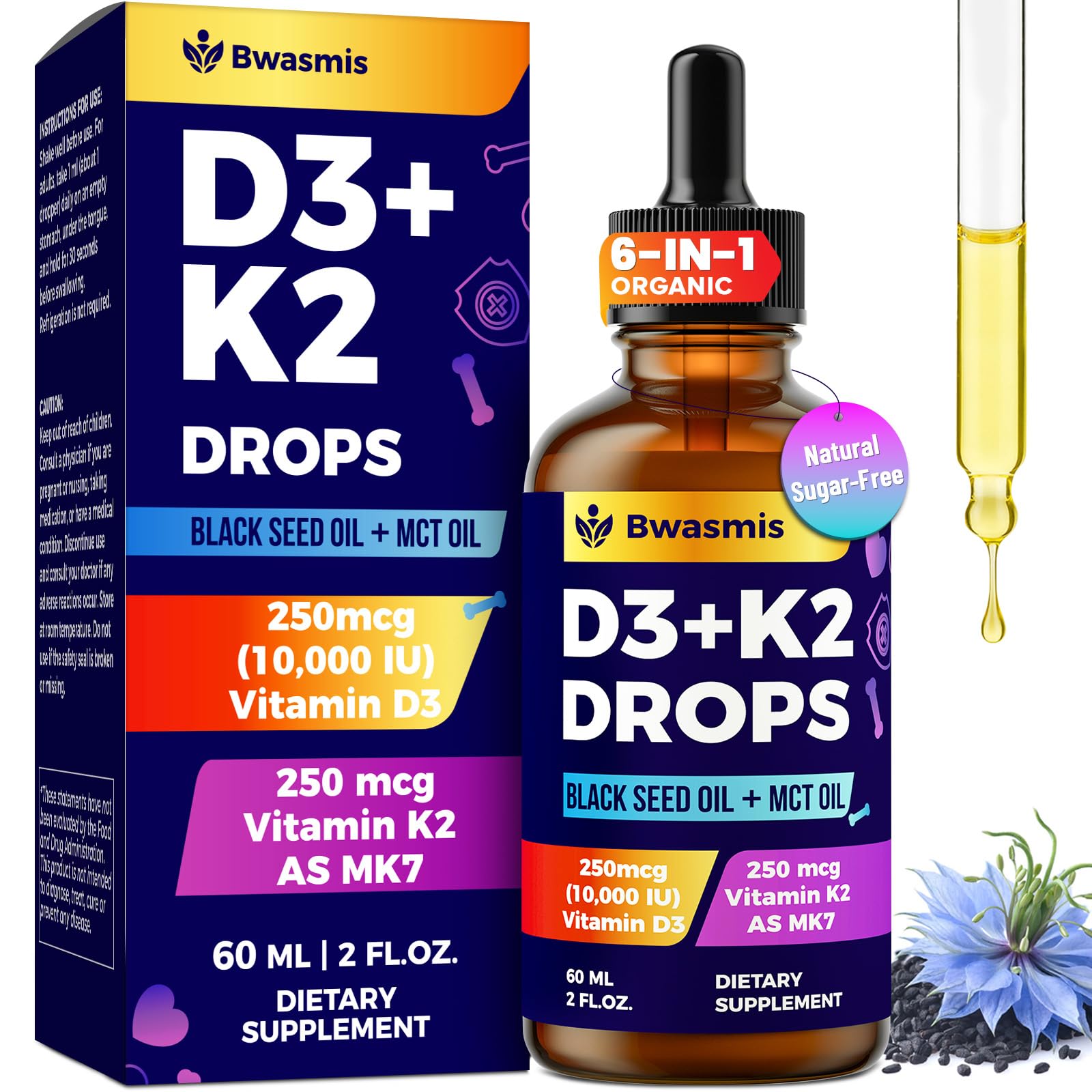 Bottle of Vitamin D3 K2 Drops 10000IU with organic black seed oil and other ingredients