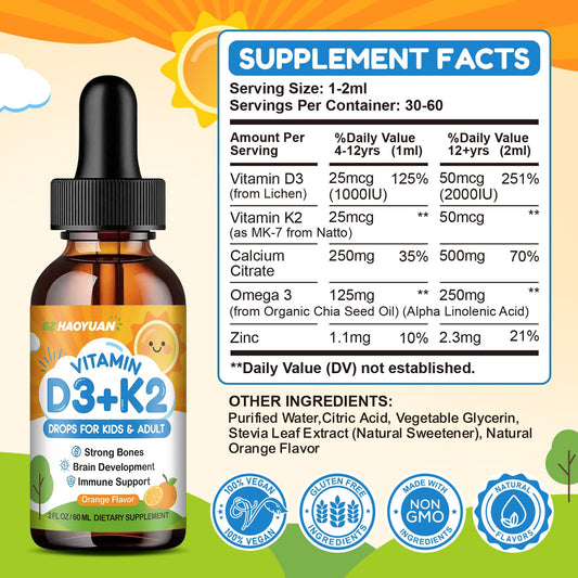 Close-up of vitamin D3 K2 drops for kids