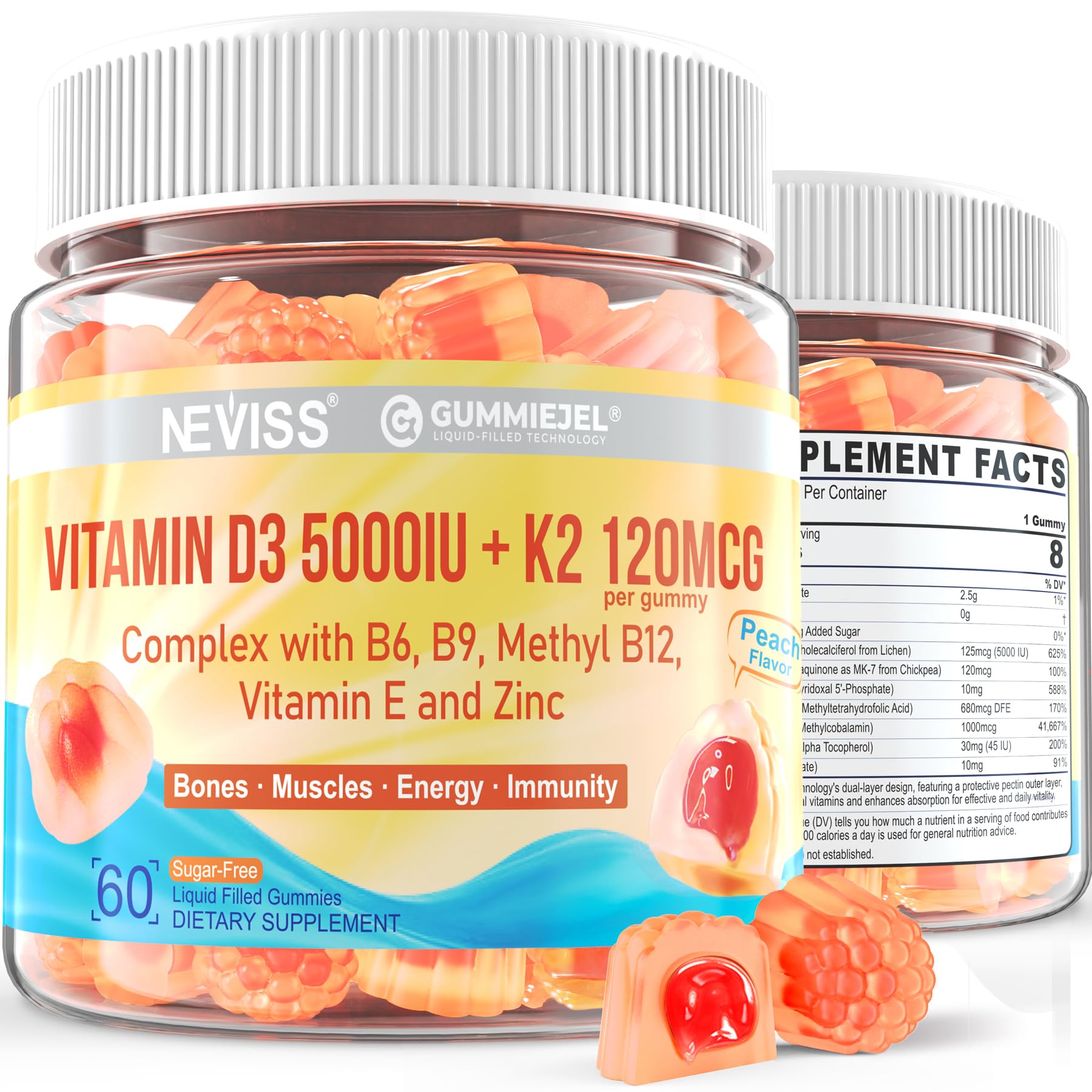 NEVISS Vitamin D3 + K2 gummies bottle front