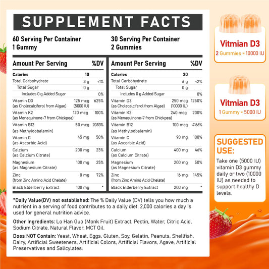 Front packaging of Vitamin D3 K2 gummies showing vegan sugar-free claim