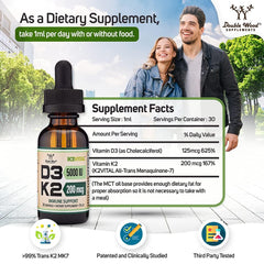 Two bottles of Double Wood Vitamin D3 K2 liquid drops in packaging