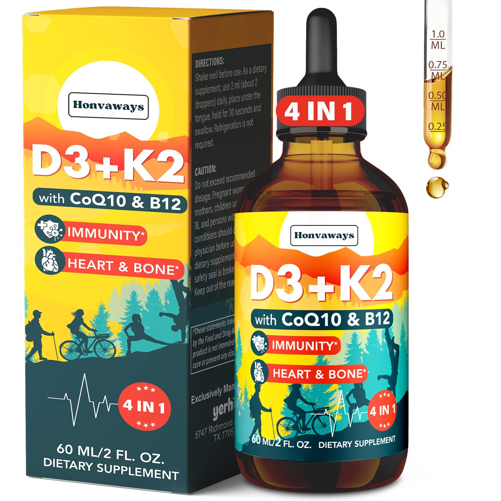 Bottle of Vitamin D3 K2 MK-7 4000 IU liquid drops with CoQ10 and B12