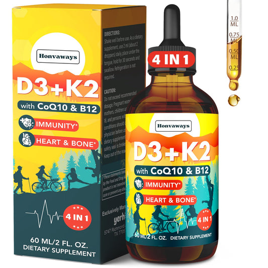 Bottle of Vitamin D3 K2 MK-7 4000 IU liquid drops with CoQ10 and B12