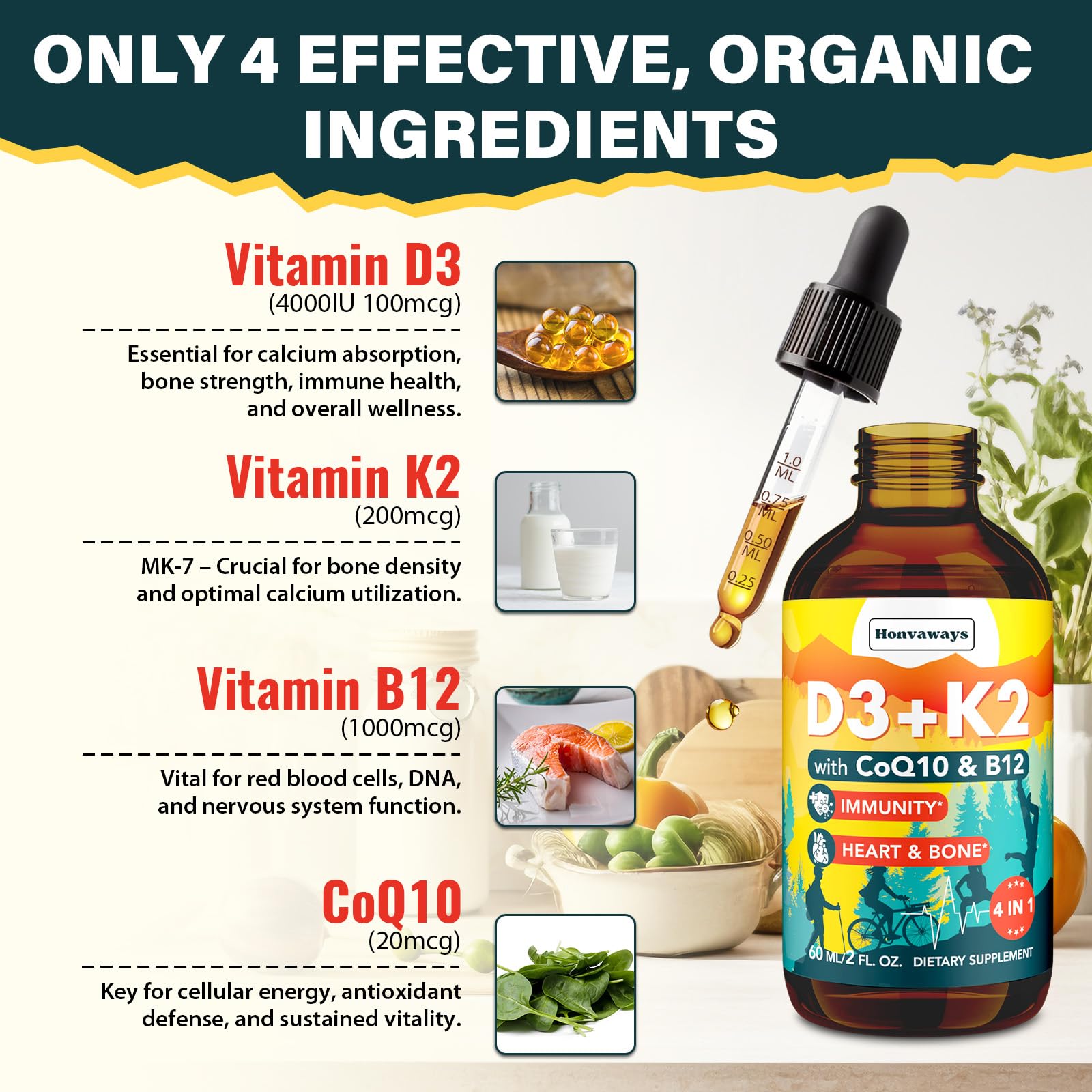 USA-made vegan Vitamin D3 K2 liquid supplement bottle on white