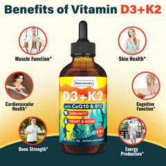 Label showing Vitamin D3 K2 MK-7 and CoQ10 with B12