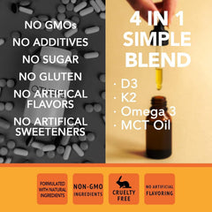Non-GMO and cruelty-free certification logos on bottle