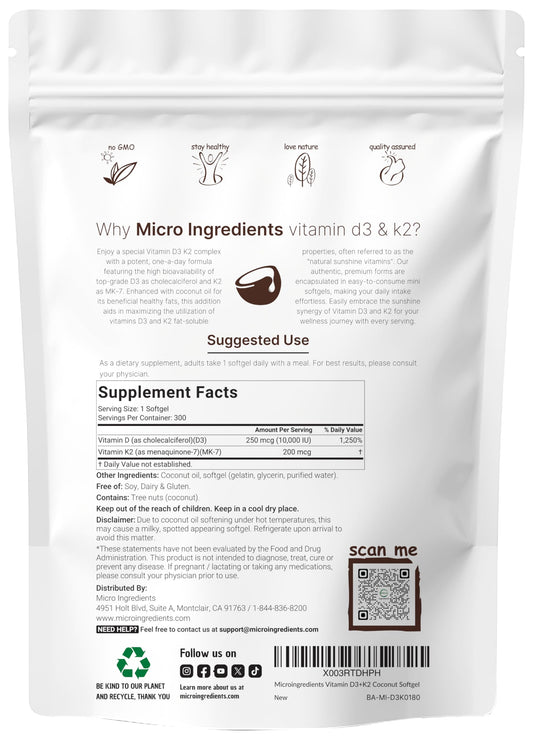 Label showing Vitamin D3 10,000 IU and K2 MK-7 200 mcg