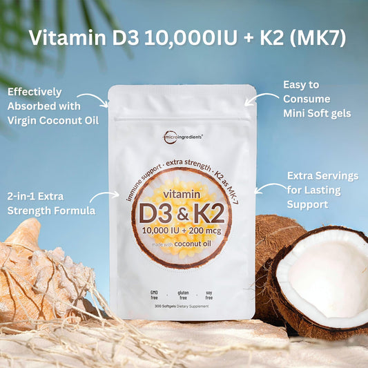 Close-up of D3 and K2 MK-7 2-in-1 softgels