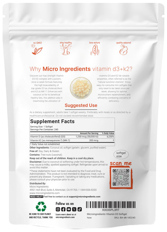 Close-up of vitamin D3 50,000 IU and K2 MK-7 200 mcg softgels in coconut oil