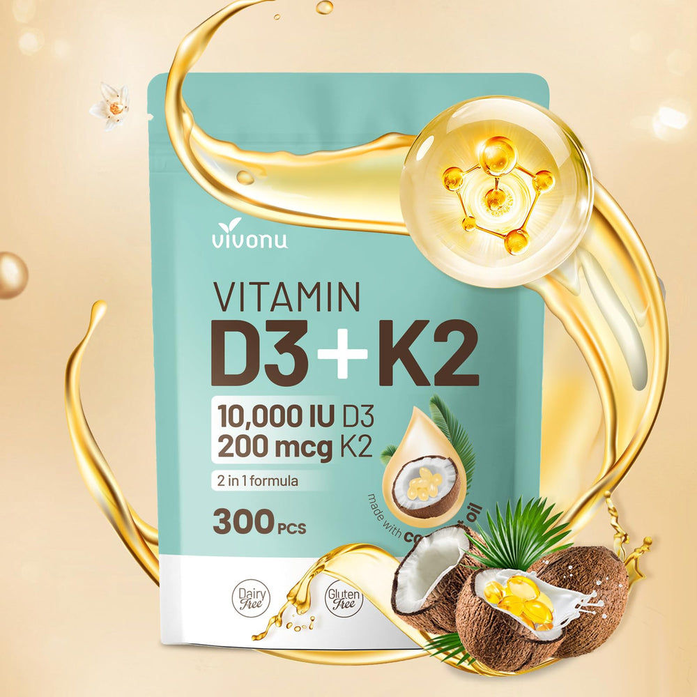 Front view of Vitamin D3 + K2 softgels in coconut oil