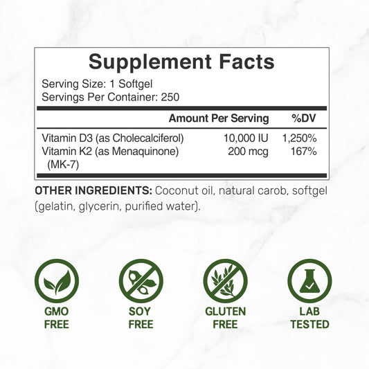 Softgels bottle front showing Vitamin D3 and K2