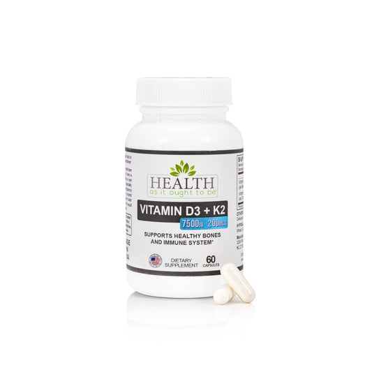 Health As It Ought To Be Vitamin D3 + K2 supplement bottle – 60 capsules (hero image)