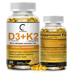 Bottle of Vitamin D3 K2 supplement on a neutral background