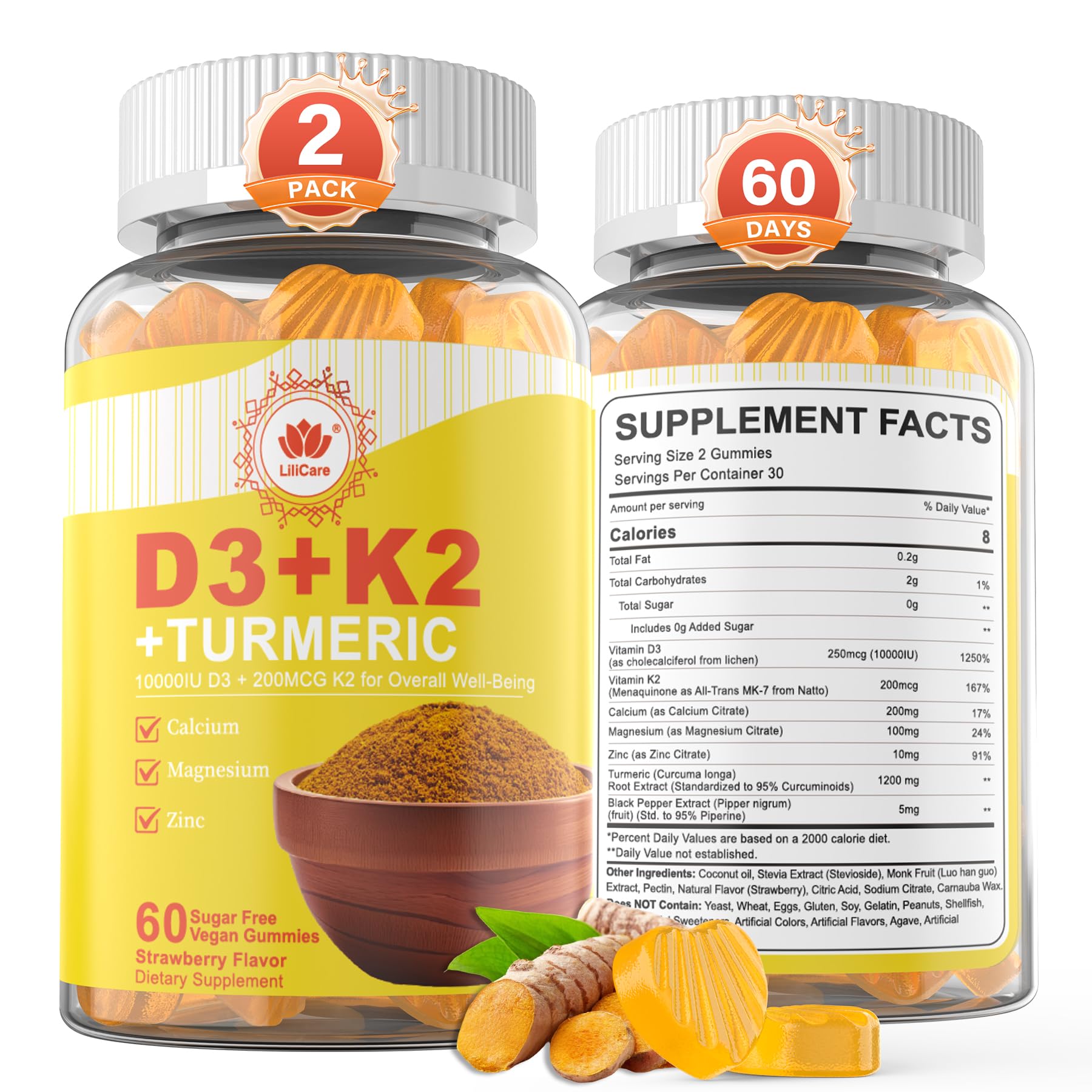 Vitamin D3 K2 Turmeric Gummies 2-Pack bottle front view