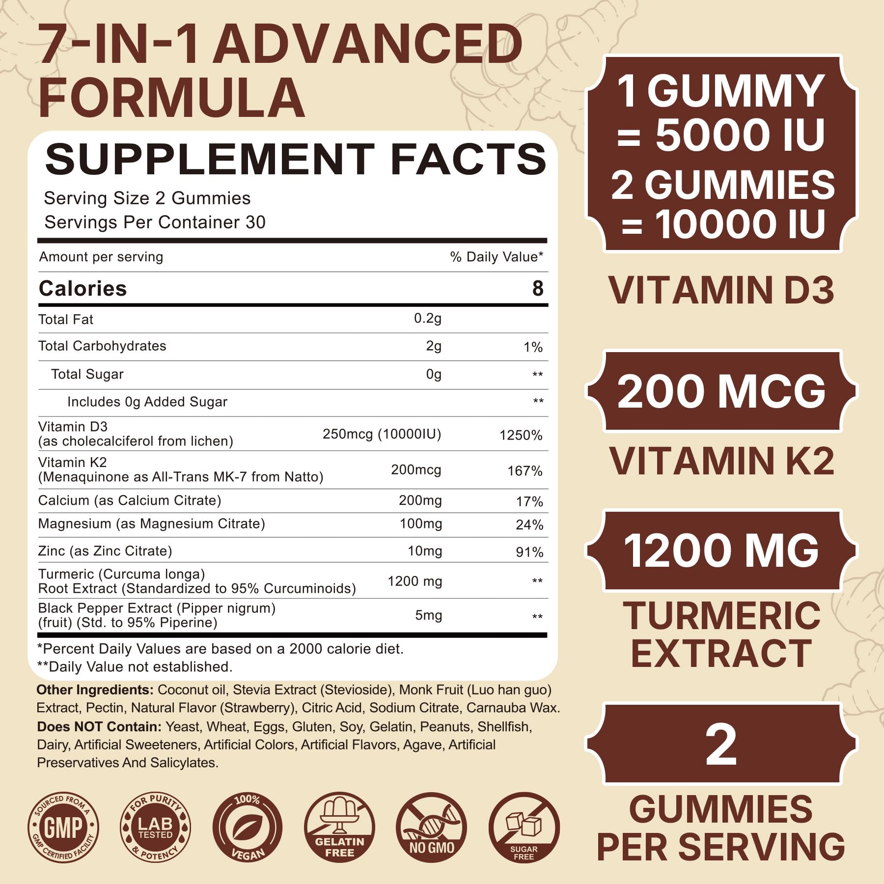 Close-up of vegan gummies showing D3 K2 Turmeric formula