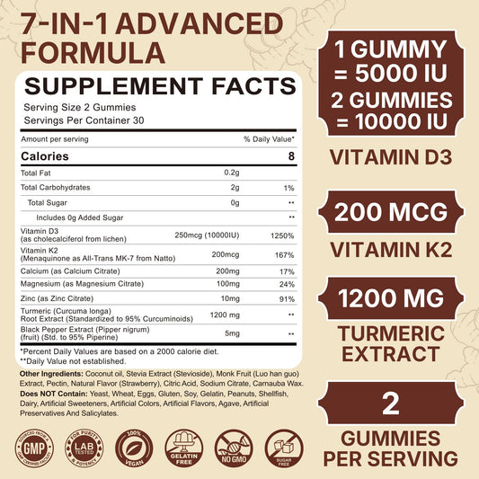 Close-up of vegan gummies showing D3 K2 Turmeric formula