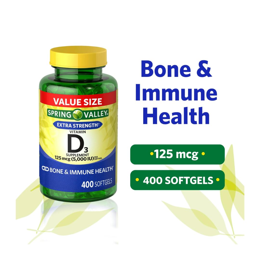Vitamin D3 softgels bottle displaying 125 mcg (5,000 IU)