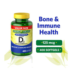 Vitamin D3 softgels bottle displaying 125 mcg (5,000 IU)