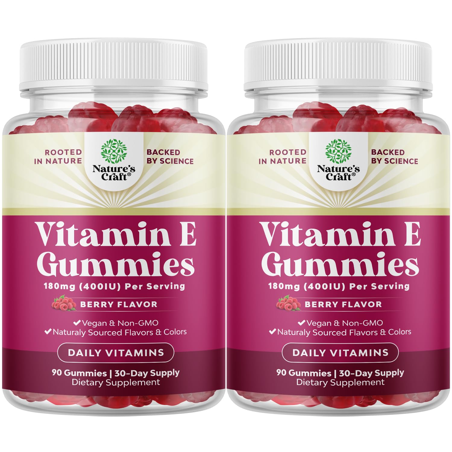 Bottle of Natures Craft Vitamin E Gummies on a white background