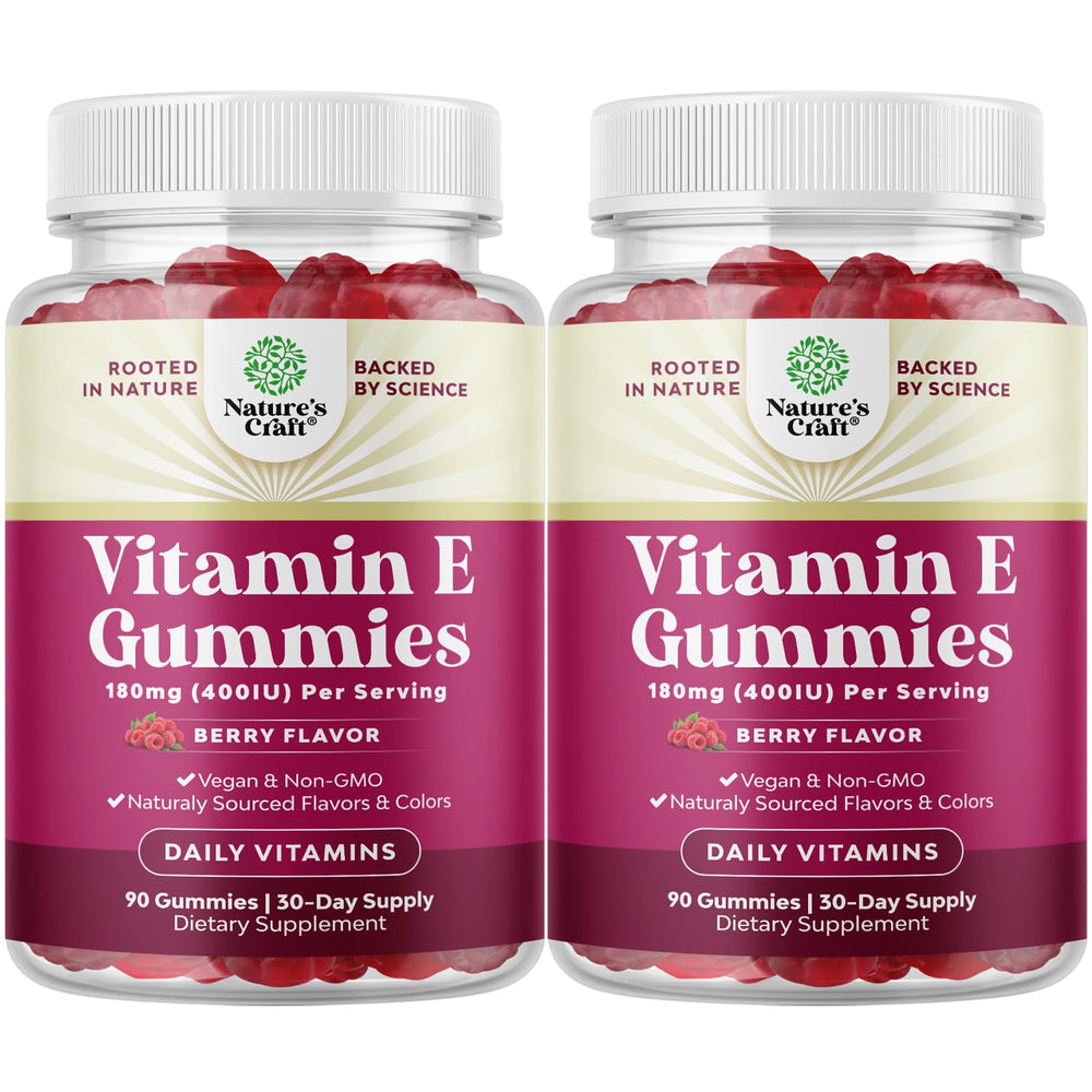 Bottle of Natures Craft Vitamin E Gummies on a white background