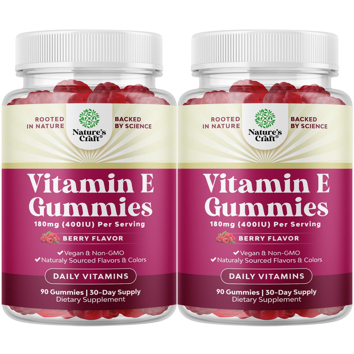 Bottle of Natures Craft Vitamin E Gummies on a white background