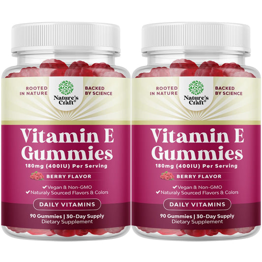 Bottle of Natures Craft Vitamin E Gummies on a white background