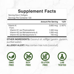Label detailing Vitamin K1, MK-7, and MK-4 per serving