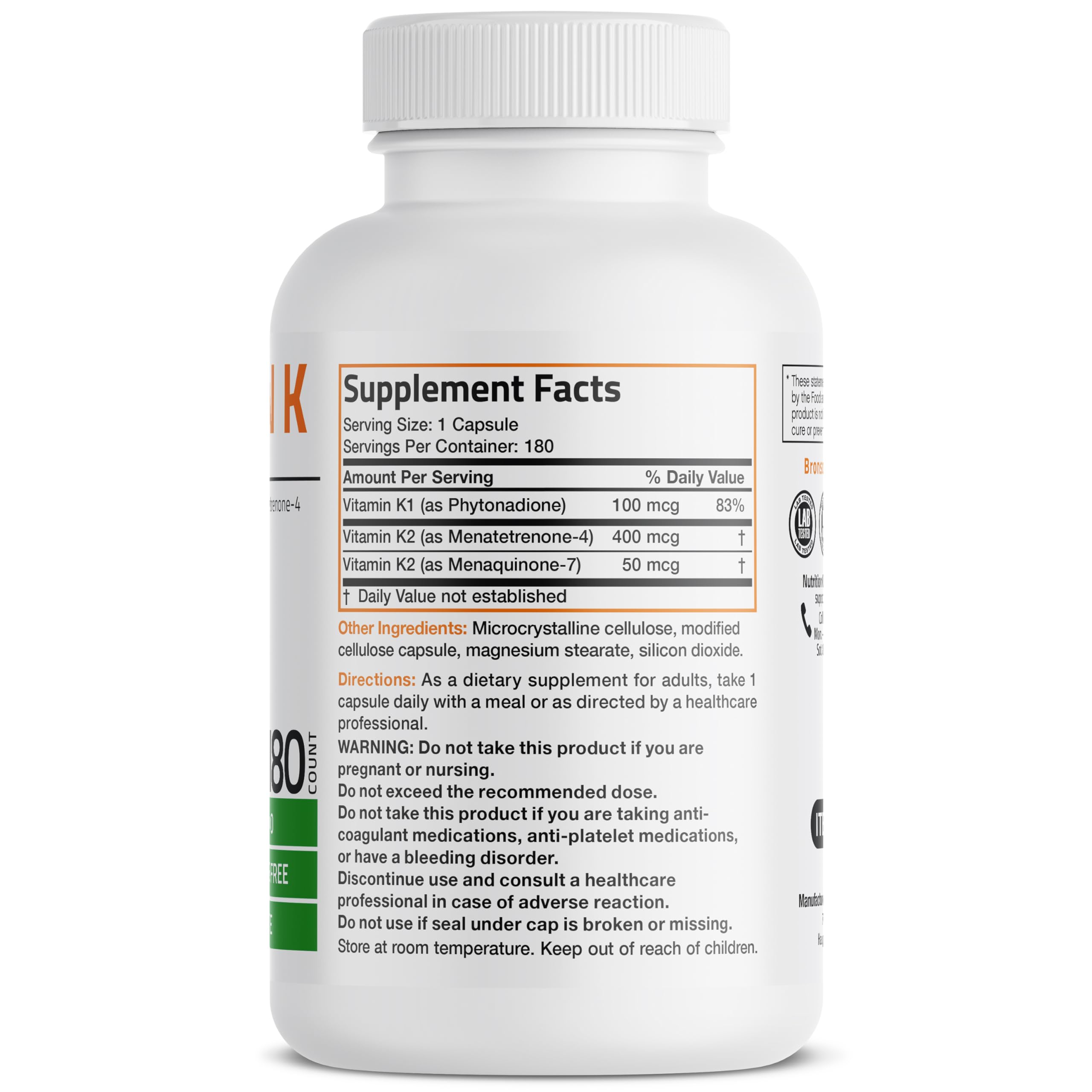 Close-up of front label highlighting Vitamin K1, MK4 and MK7 on Vitamin K Triple Play