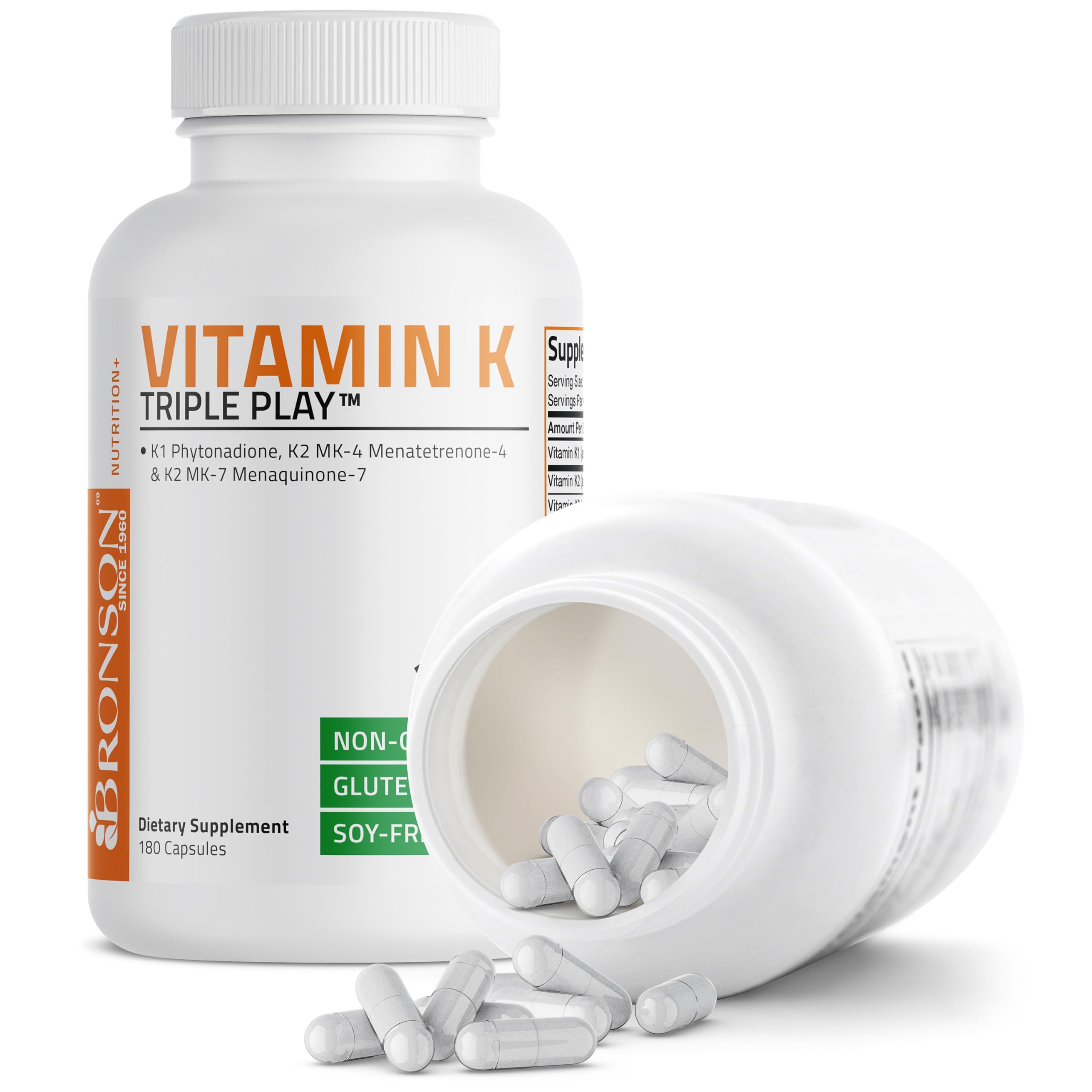 Non-GMO and gluten-free icons on Vitamin K Triple Play packaging