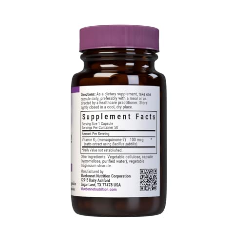 Bluebonnet Vitamin K2 100 mcg vegetable capsules bottle - side view