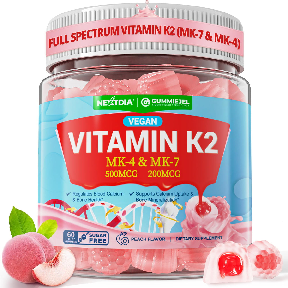 Peach-flavored Vitamin K2 gummies with MK-7 and MK-4