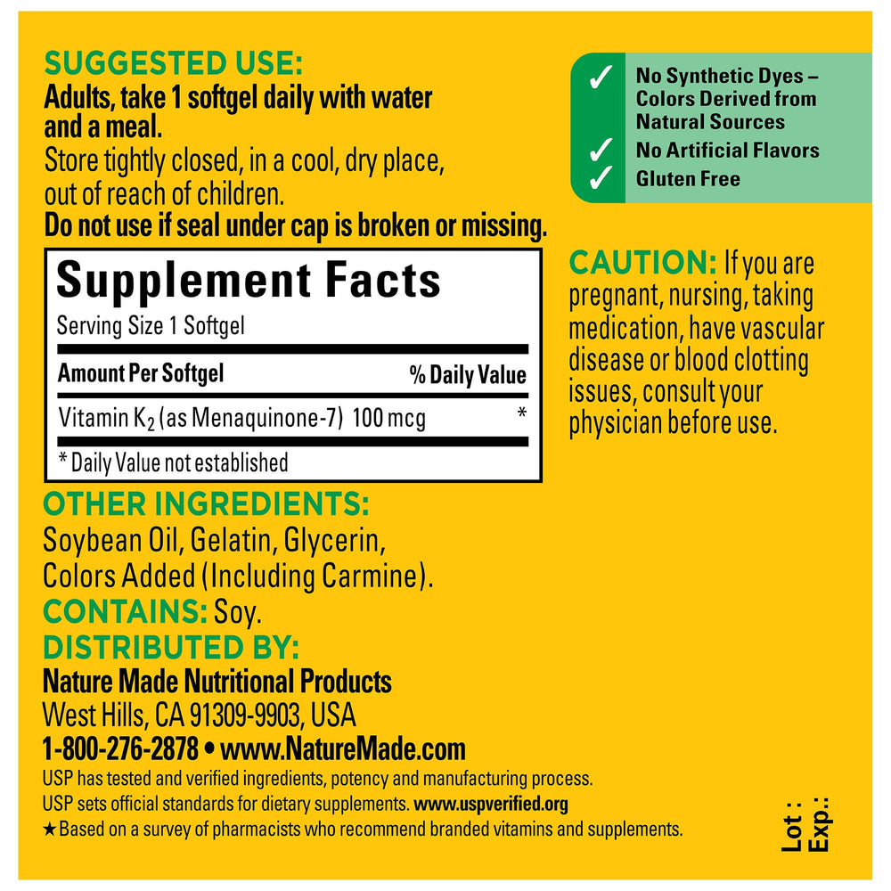 Gluten-free, no artificial flavors on Vitamin K2 MK-7 packaging