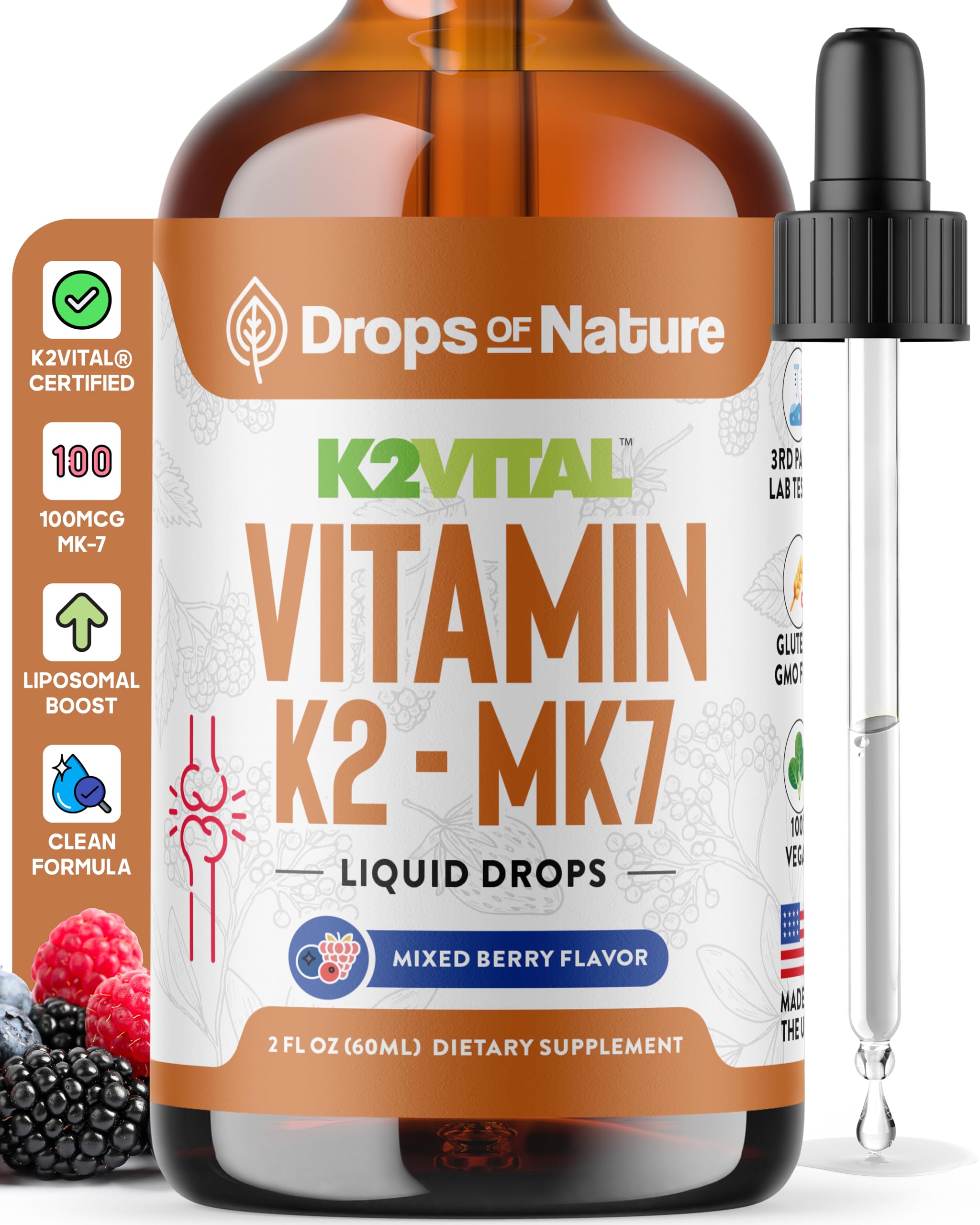 Vitamin K2 MK-7 liquid bottle with mixed berry flavor (60ml)