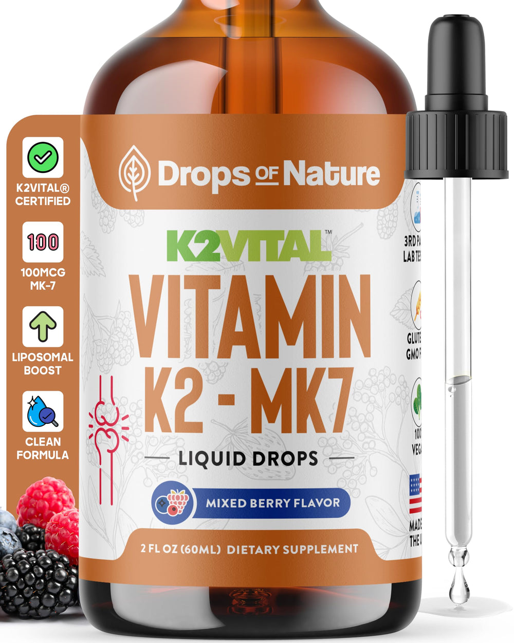 Vitamin K2 MK-7 liquid bottle with mixed berry flavor (60ml)