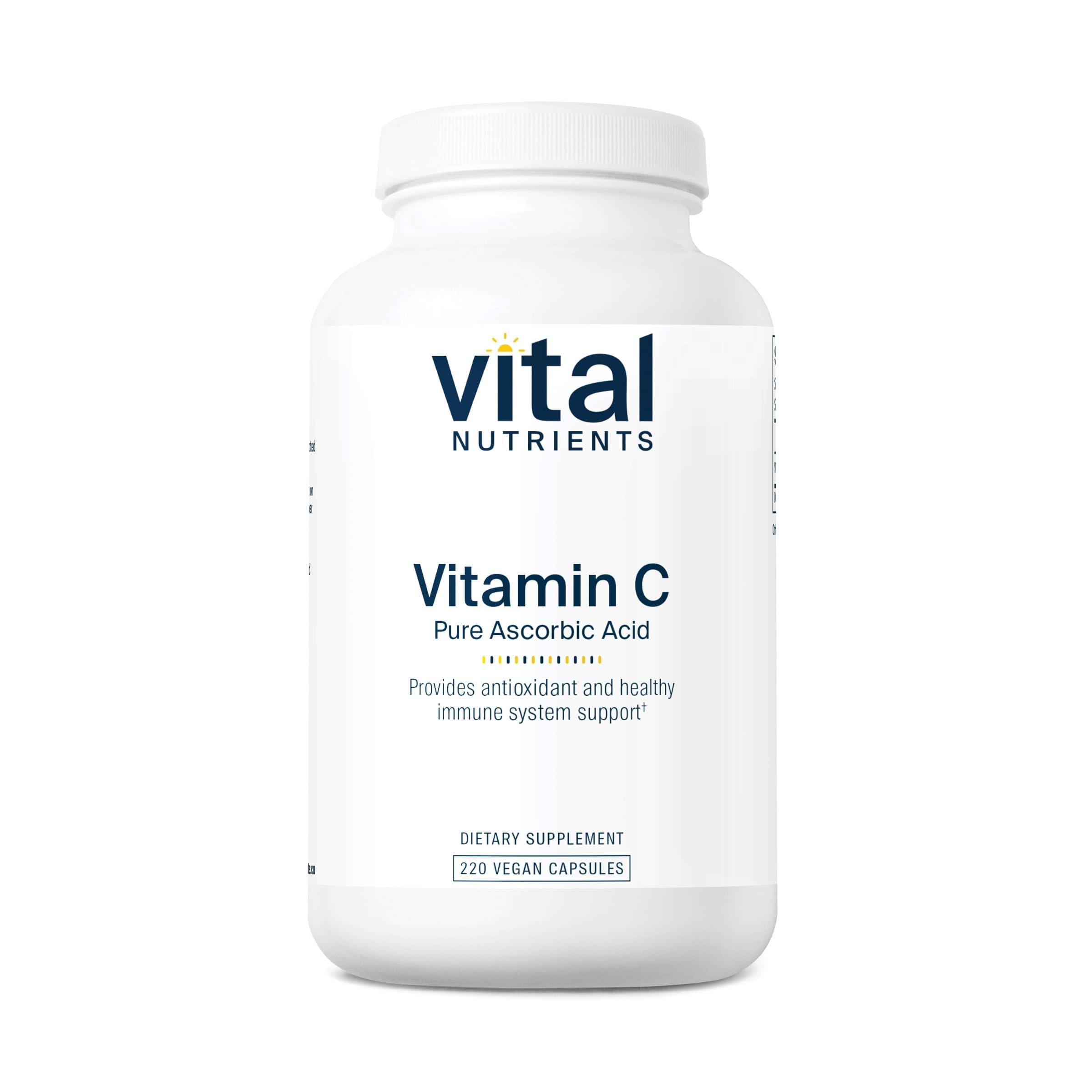 Vital Nutrients Vitamin C 1000mg bottle label highlighting vegan, allergen-free formula for immune support.