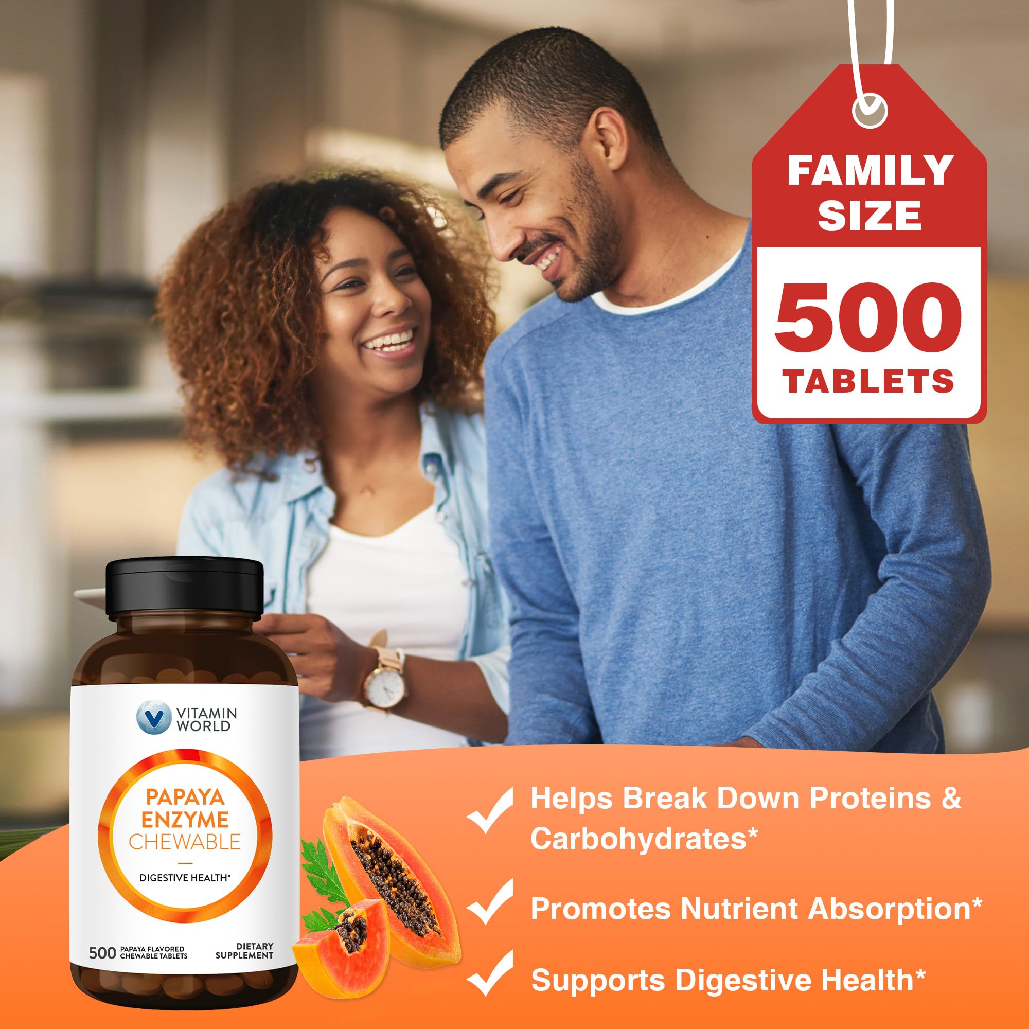 Label of Vitamin World Papaya Enzymes Chewables 500 Tablets