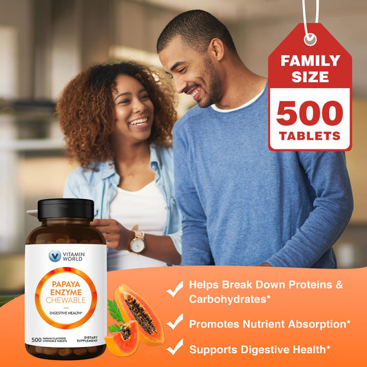 Label of Vitamin World Papaya Enzymes Chewables 500 Tablets