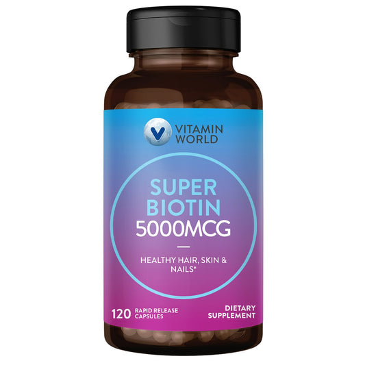 Bottle of Vitamin World Super Biotin 5000 mcg 120 rapid-release gluten-free capsules