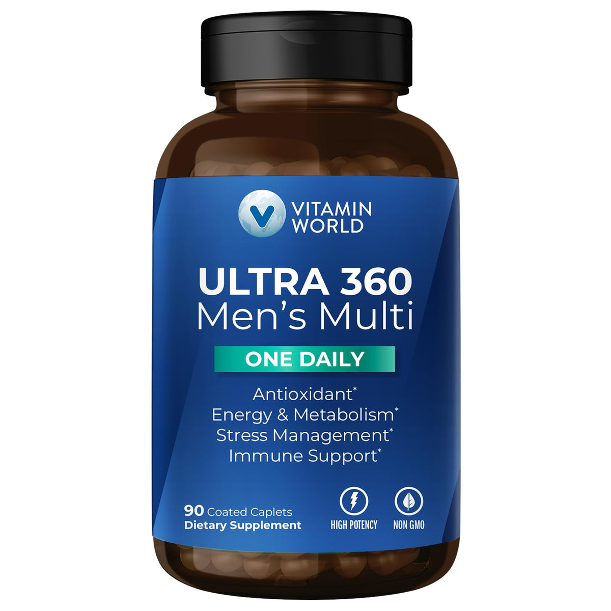 Front view of Vitamin World Ultra 360 Men’s One Daily caplets bottle