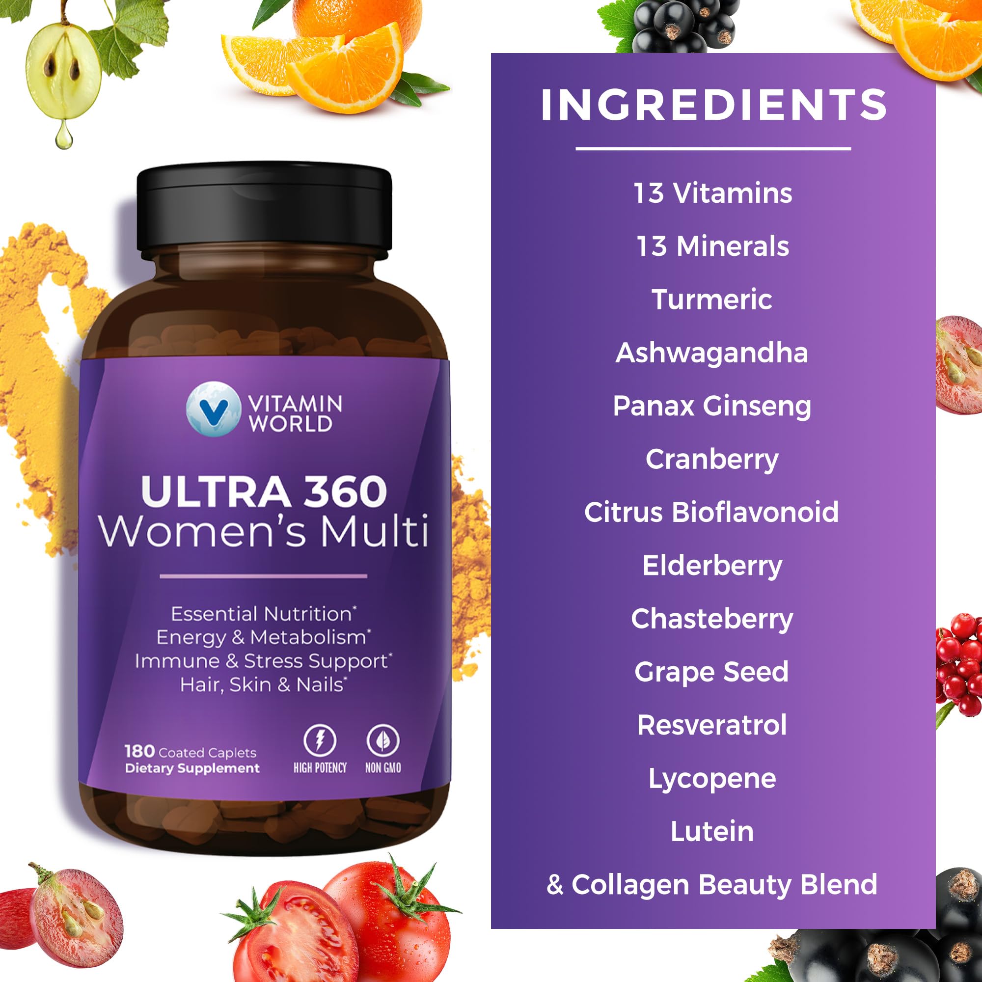 Herbal blend ingredients including Elderberry and Turmeric in Vitamin World Ultra 360 Women’s Multivitamin