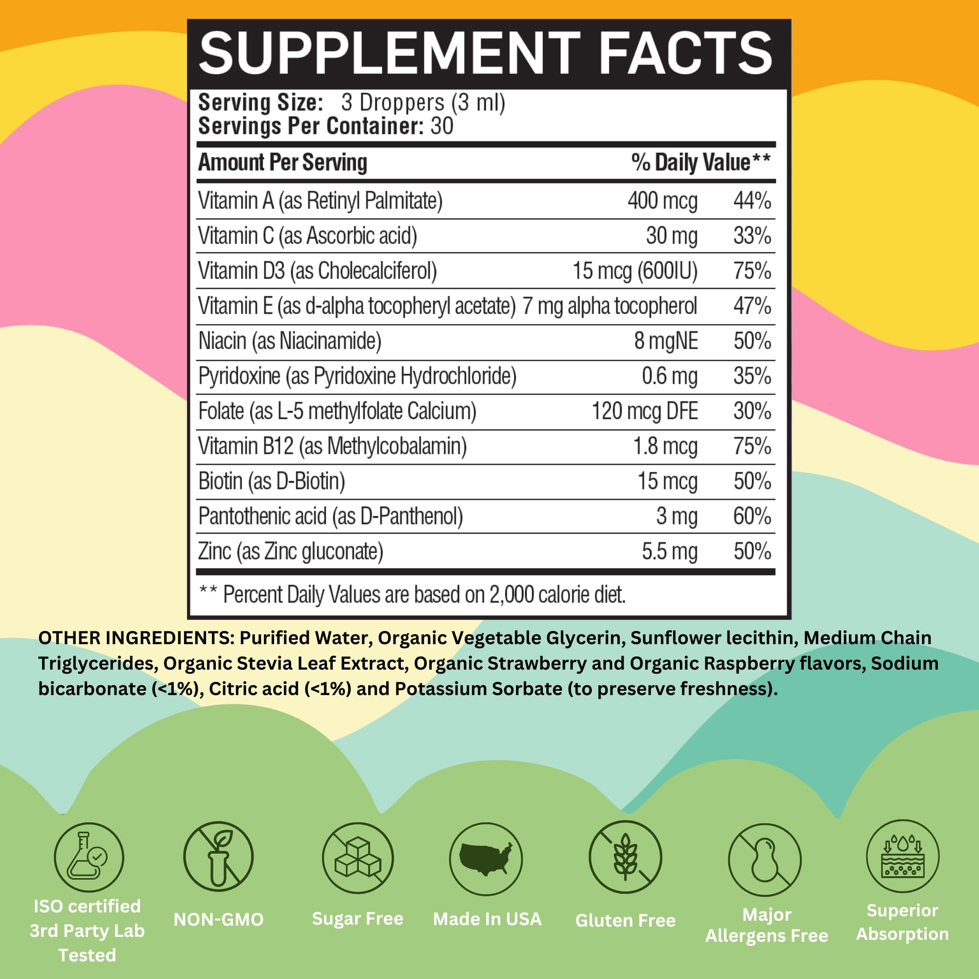 Organic berry flavors label on Vitaminally multivitamin bottle