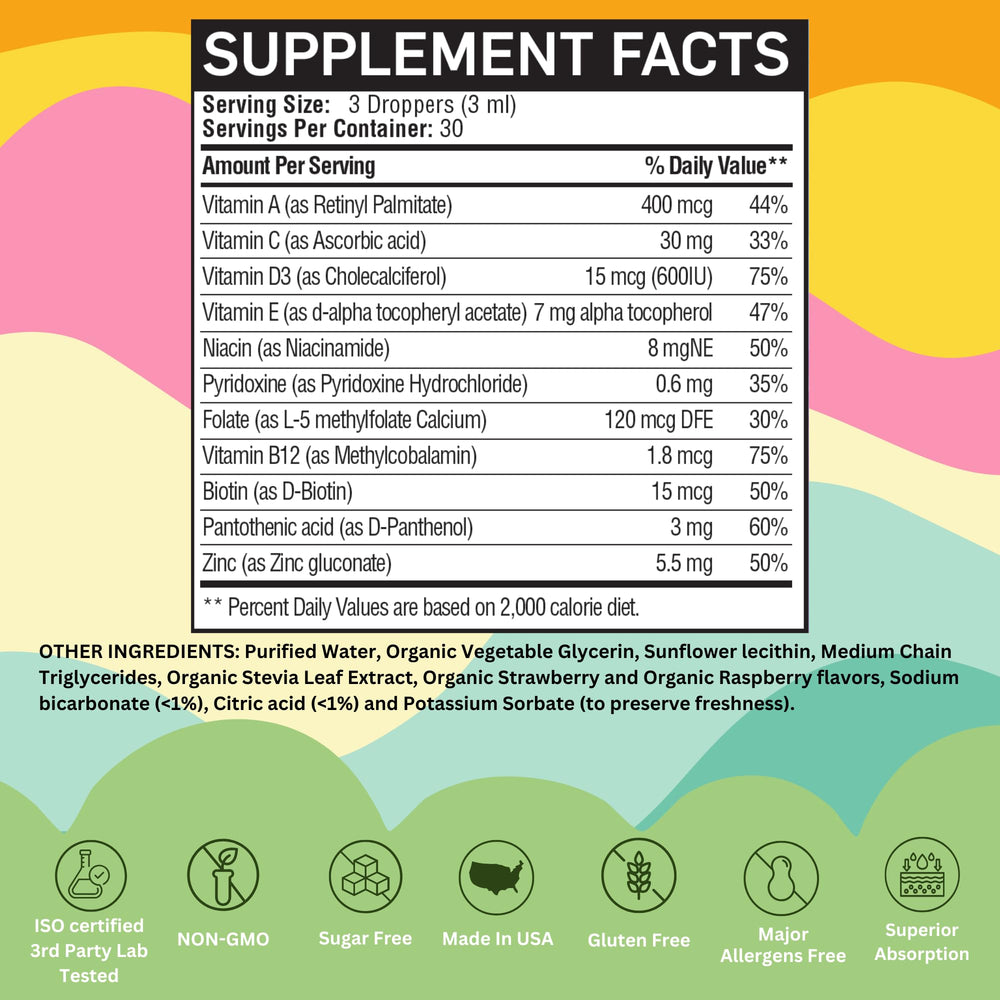 Organic berry flavors label on Vitaminally multivitamin bottle