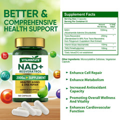 NAD+ supplement capsules spilling from bottle