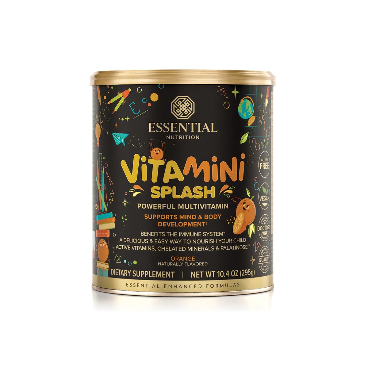Front view of Vitamini Splash kids multivitamin powder orange flavor canister