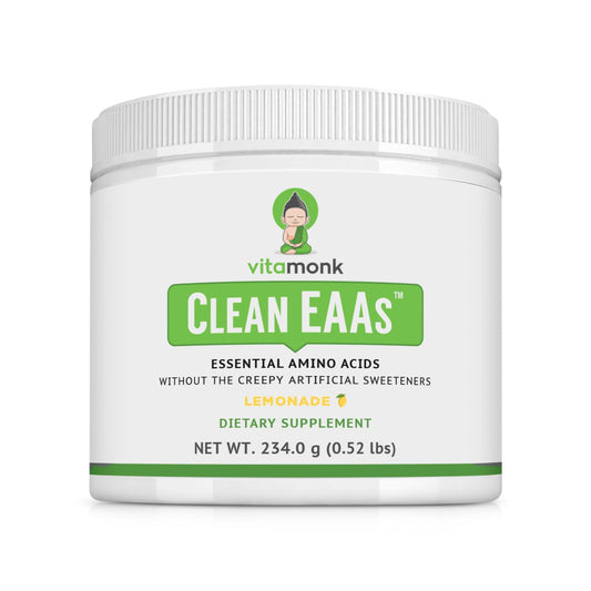 VitaMonk Clean EAA natural lemonade flavor powder container with scoop