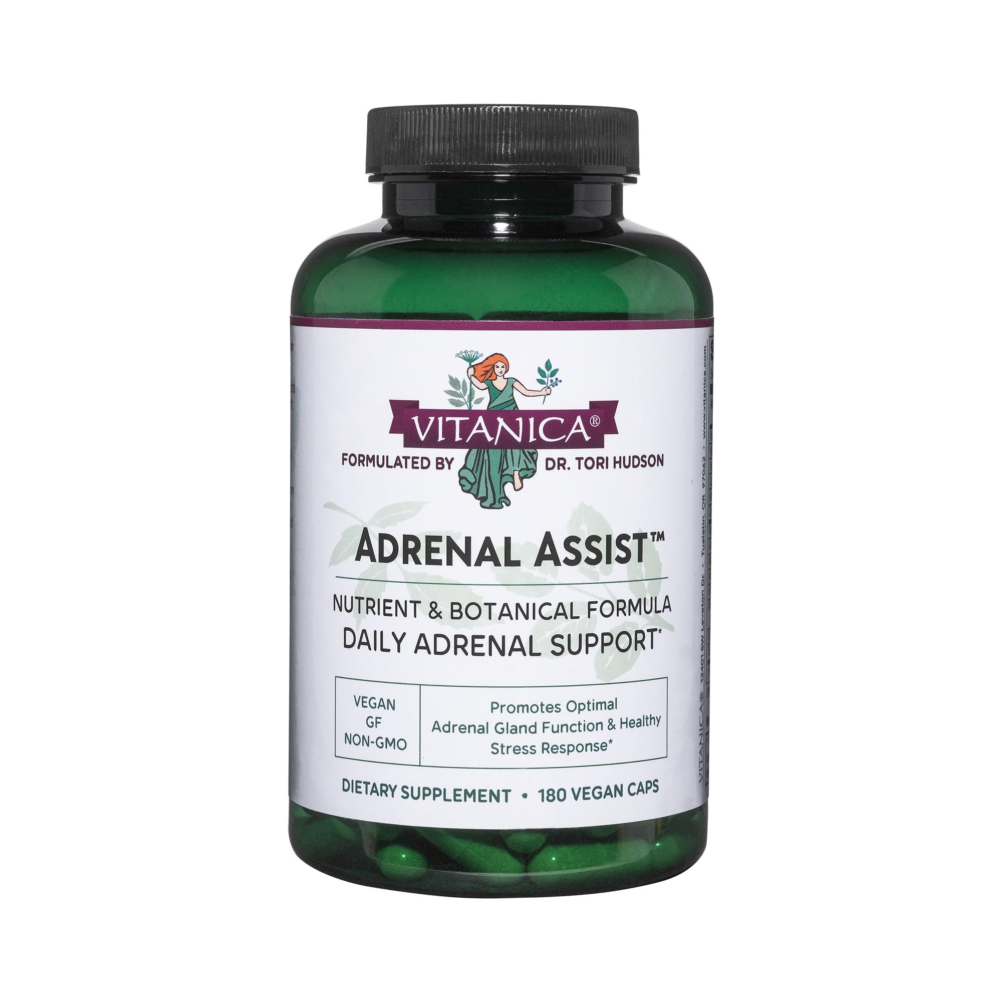 Vitanica Adrenal Assist bottle front showing vegan adrenal support formula for daily resilience.