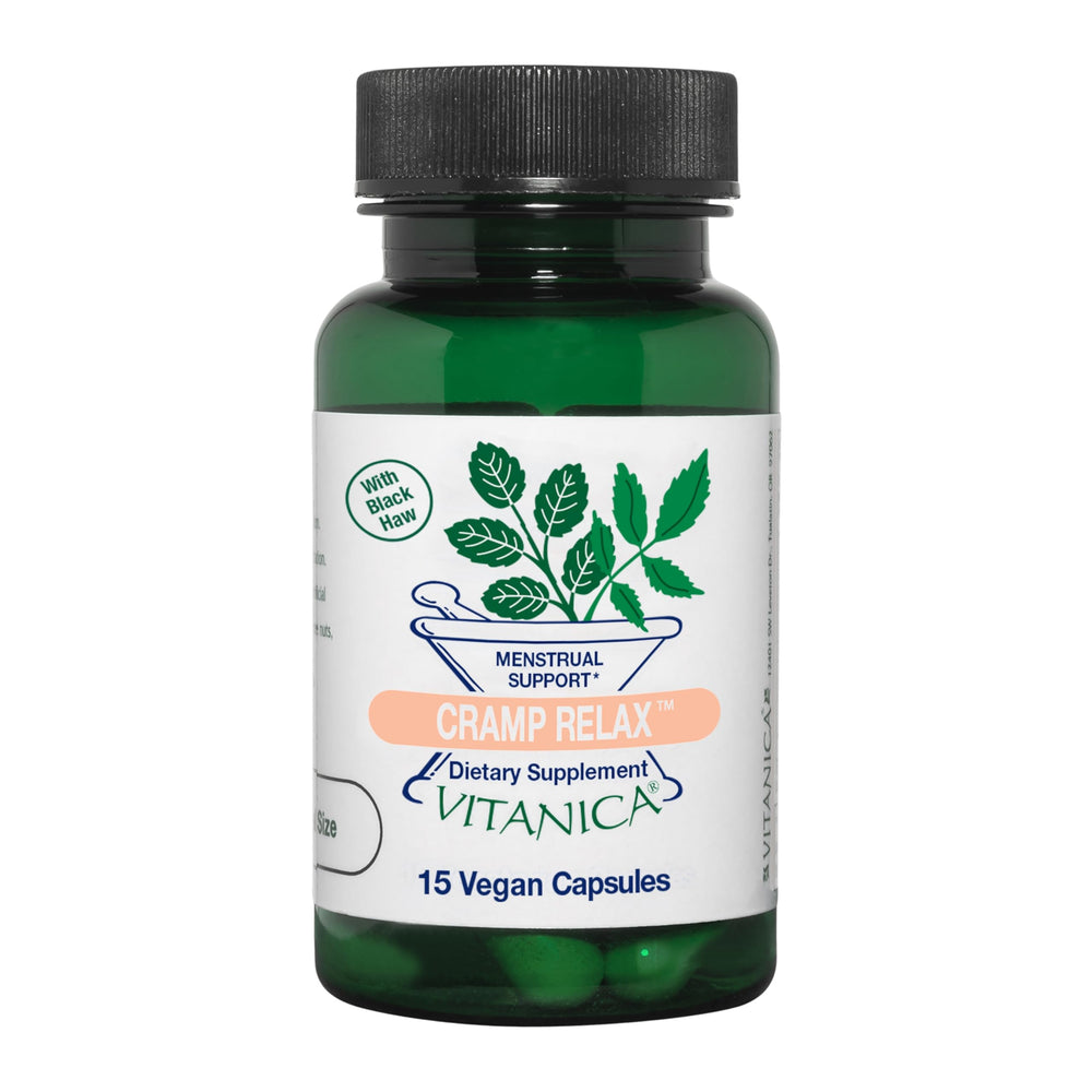 Vitanica Cramp Relax bottle with 15 vegan capsules