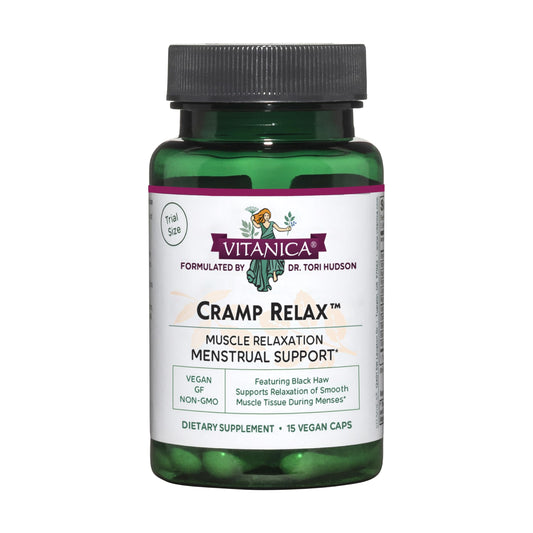 Vitanica Cramp Relax bottle and packaging for vegan menstrual support