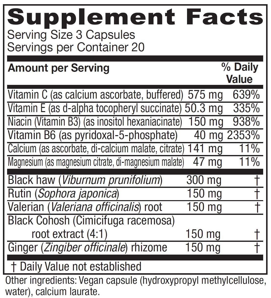 Cramp Relax ingredients list featuring Black Haw bark, Valerian root, Black cohosh and Ginger root