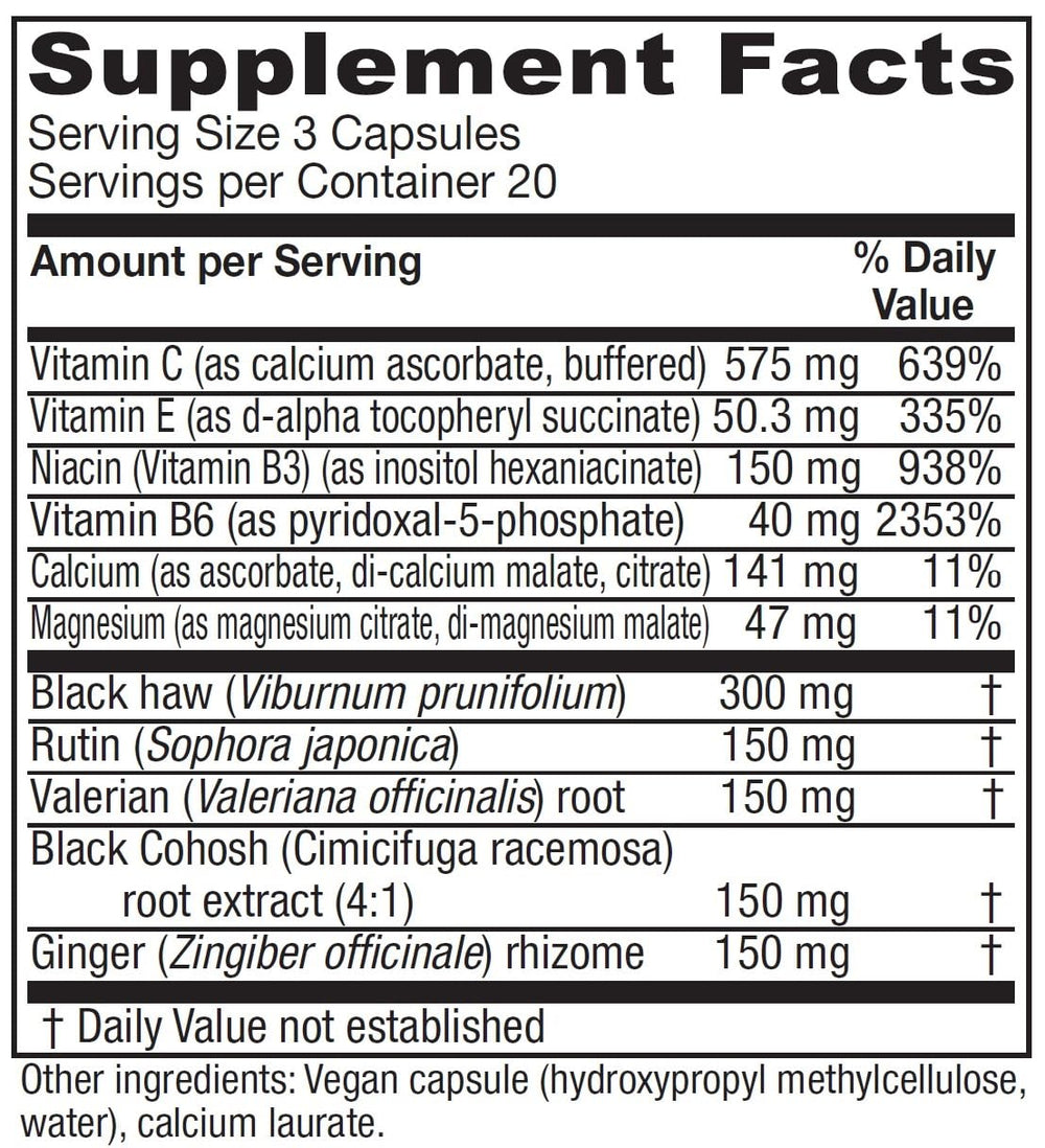 Cramp Relax ingredients list featuring Black Haw bark, Valerian root, Black cohosh and Ginger root